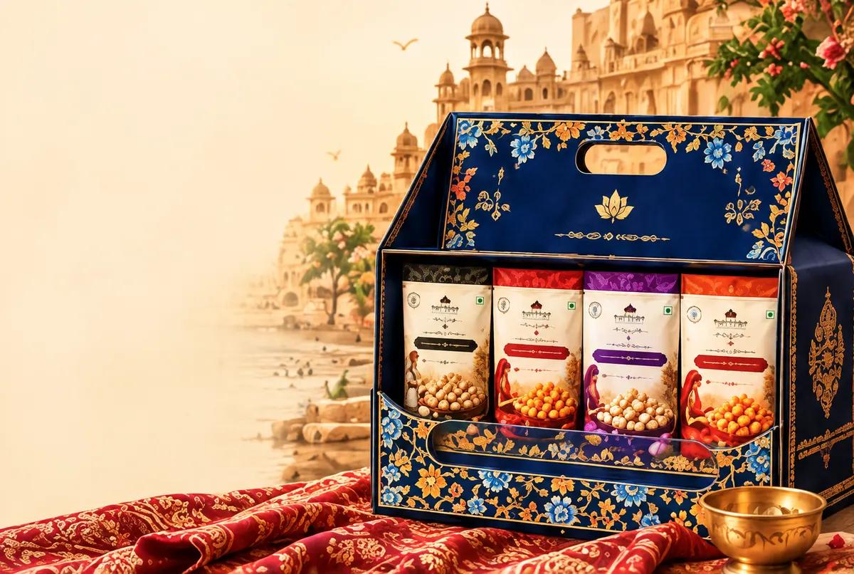 Food Delight makhana flavor combo gift box with four pouches, set against a Rajasthani palace
