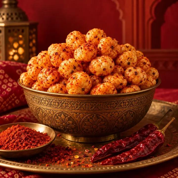 Bowl of peri peri makhana with red chillies