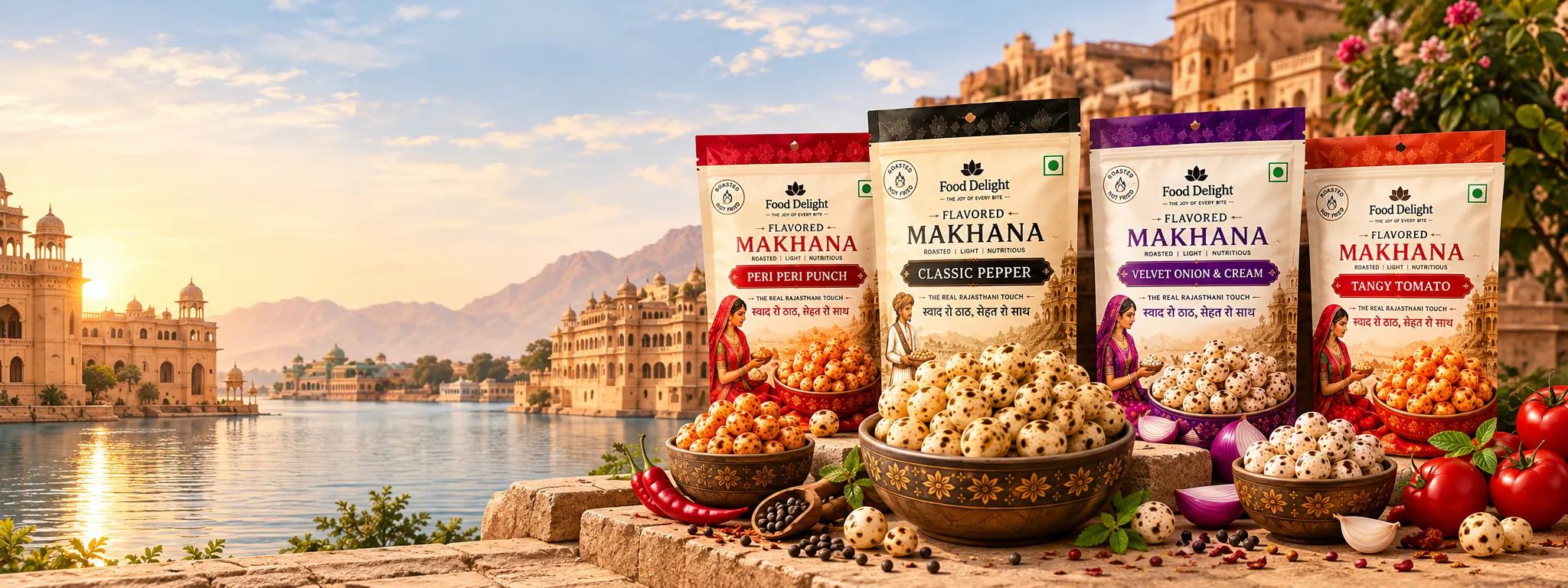 Food Delight flavored makhana pouches — Peri Peri Punch, Classic Pepper, Velvet Onion & Cream and Tangy Tomato — with bowls of roasted makhana beside a Rajasthani palace lake